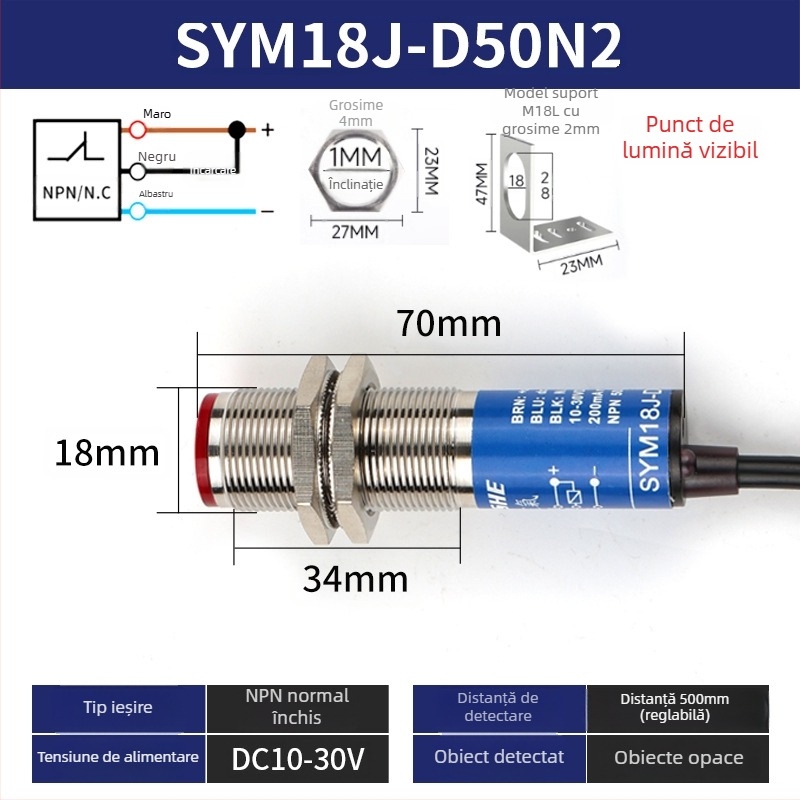 Senzor laser M18 SYM18J-D50N1 întrerupător fotoelectric cu infraroșu difuz, IP66