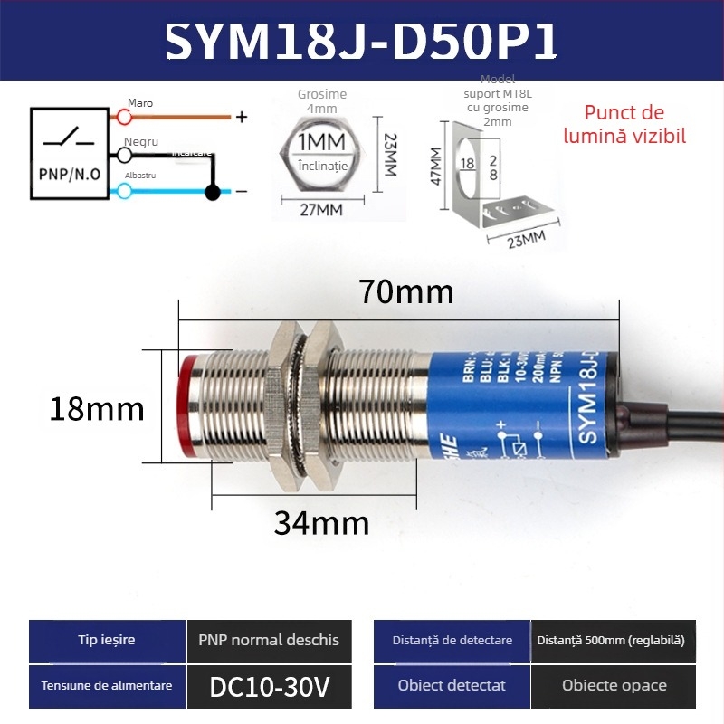 Senzor laser M18 SYM18J-D50N1 întrerupător fotoelectric cu infraroșu difuz, IP66