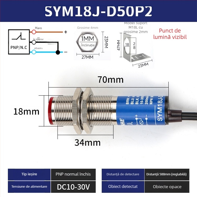 Senzor laser M18 SYM18J-D50N1 întrerupător fotoelectric cu infraroșu difuz, IP66