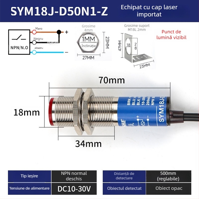 Senzor laser M18 SYM18J-D50N1 întrerupător fotoelectric cu infraroșu difuz, IP66