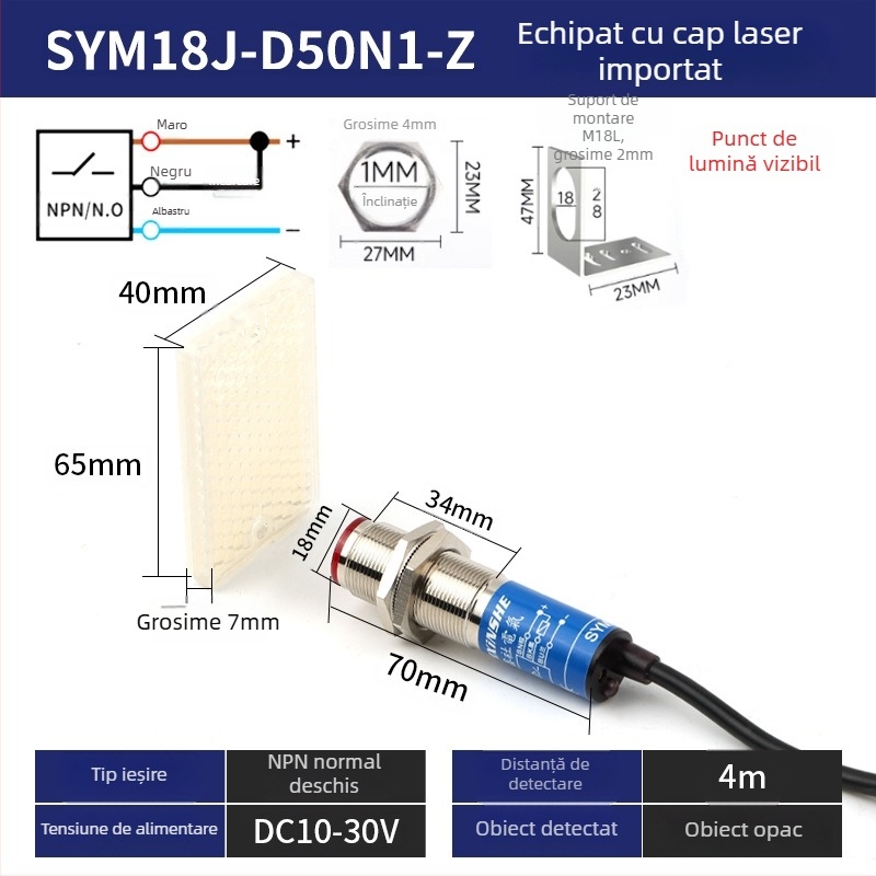 Senzor laser M18 SYM18J-D50N1 întrerupător fotoelectric cu infraroșu difuz, IP66