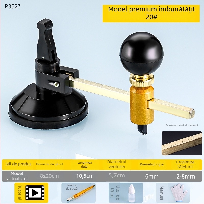 Cuțit universal pentru sticlă pentru tăierea cercurilor, cu role încărcate cu ulei, clasa industrială, design îngroșat