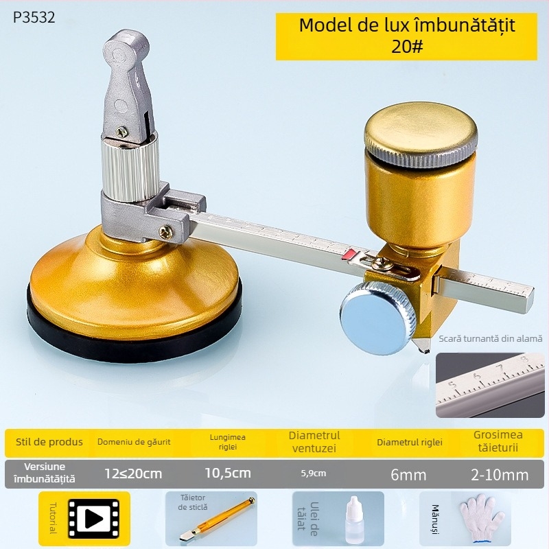 Cuțit universal pentru sticlă pentru tăierea cercurilor, cu role încărcate cu ulei, clasa industrială, design îngroșat