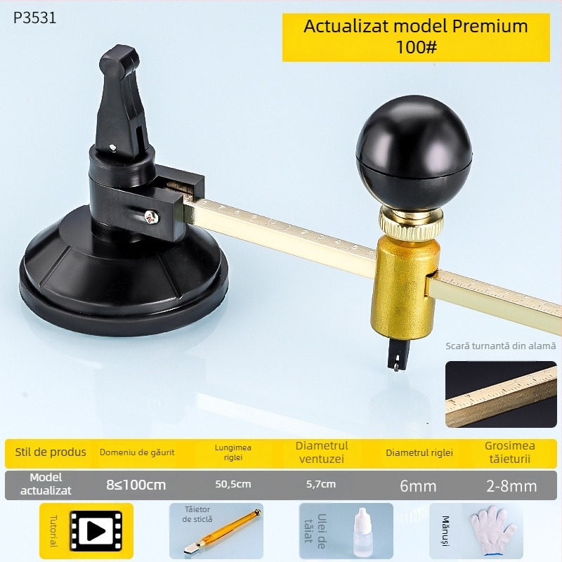 Cuțit universal pentru sticlă pentru tăierea cercurilor, cu role încărcate cu ulei, clasa industrială, design îngroșat