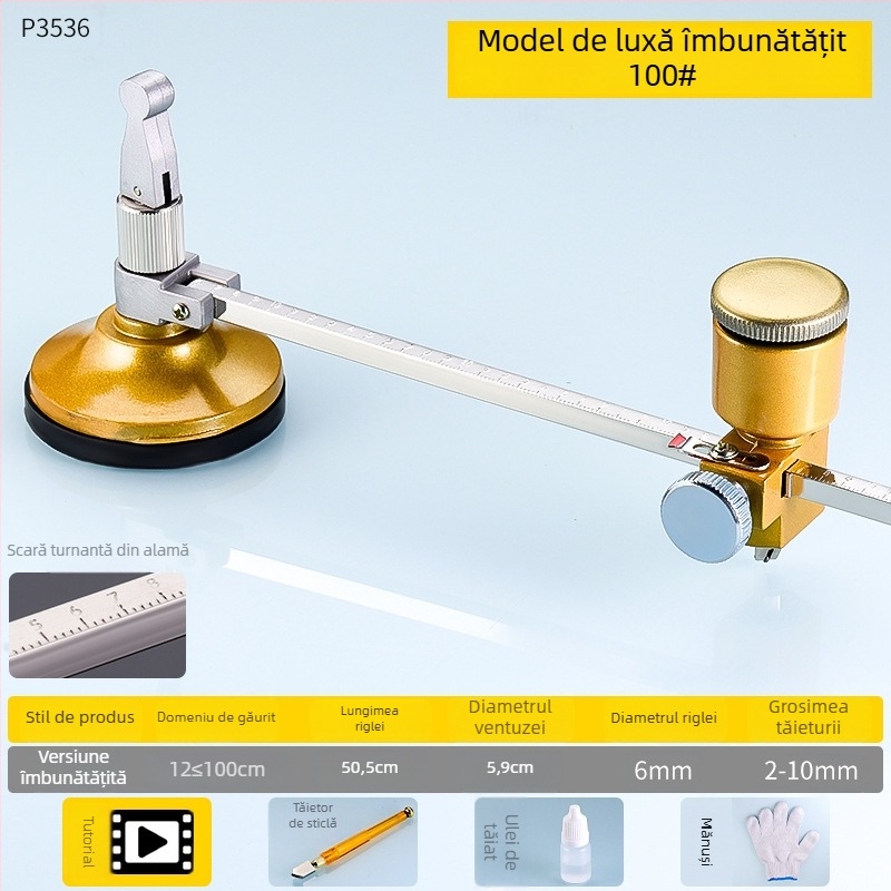 Cuțit universal pentru sticlă pentru tăierea cercurilor, cu role încărcate cu ulei, clasa industrială, design îngroșat