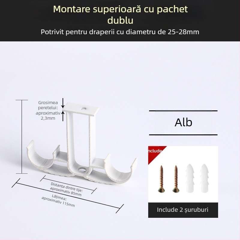 Suport pentru bara de perdea, din aliaj de aluminiu, stil roman, montat pe perete, cu două bare