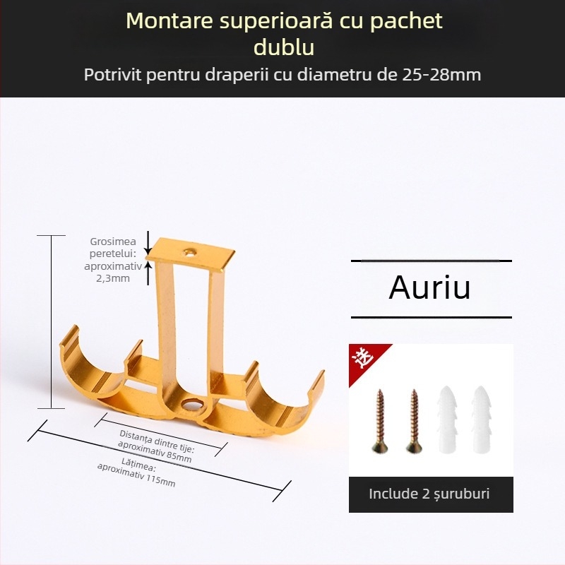 Suport pentru bara de perdea, din aliaj de aluminiu, stil roman, montat pe perete, cu două bare