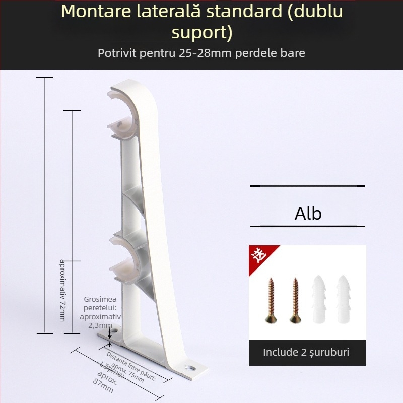 Suport pentru bara de perdea, din aliaj de aluminiu, stil roman, montat pe perete, cu două bare