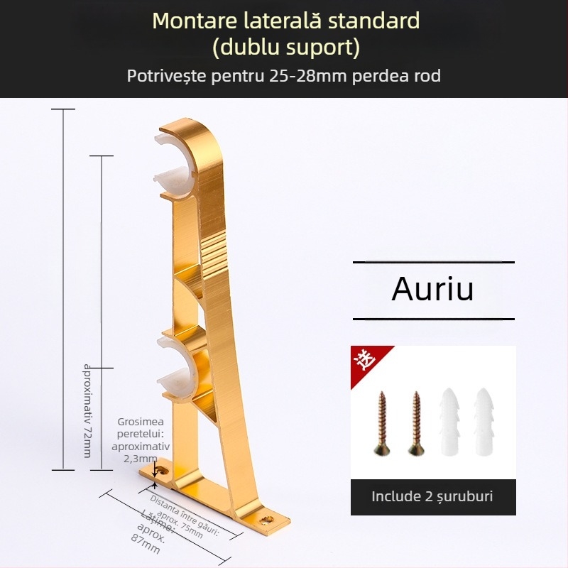 Suport pentru bara de perdea, din aliaj de aluminiu, stil roman, montat pe perete, cu două bare
