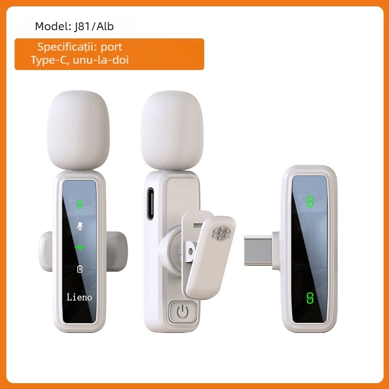 Lavalier microfon J86, Bluetooth 5.1, 2 canale, răspuns în frecvență 20 Hz–20 kHz, baterie încorporată 50–100 mAh, autonomie 6–8 h, 3 în 1 pentru telefon, cameră și audio