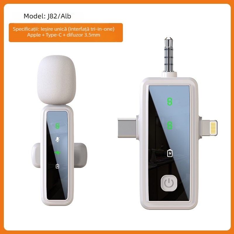 Lavalier microfon J86, Bluetooth 5.1, 2 canale, răspuns în frecvență 20 Hz–20 kHz, baterie încorporată 50–100 mAh, autonomie 6–8 h, 3 în 1 pentru telefon, cameră și audio