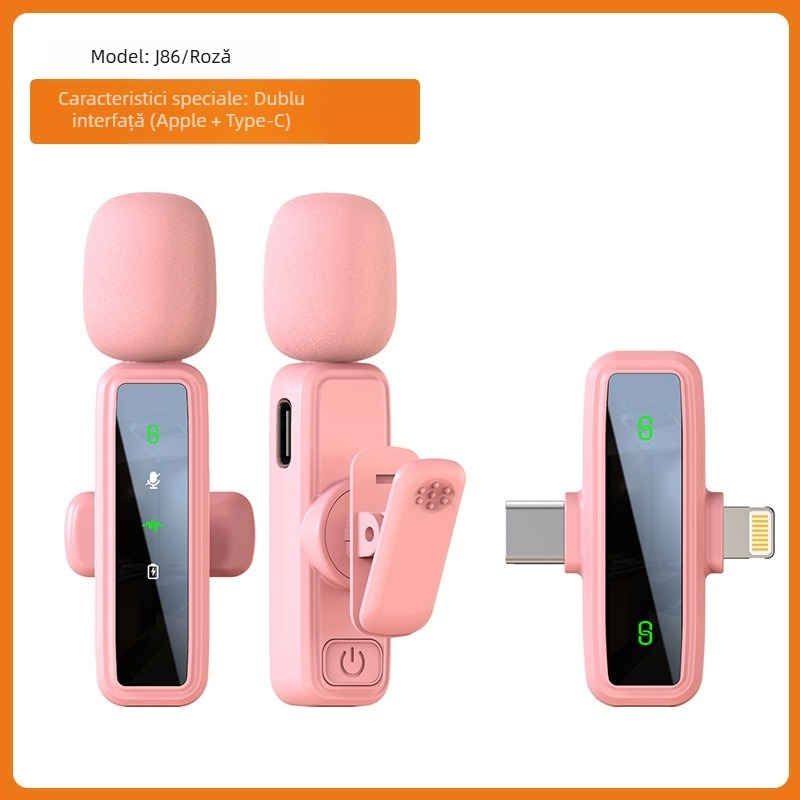 Lavalier microfon J86, Bluetooth 5.1, 2 canale, răspuns în frecvență 20 Hz–20 kHz, baterie încorporată 50–100 mAh, autonomie 6–8 h, 3 în 1 pentru telefon, cameră și audio