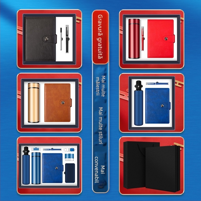 Set cadouri de afaceri cu termos, caiet, logo personalizat și cutie cadou pentru birou