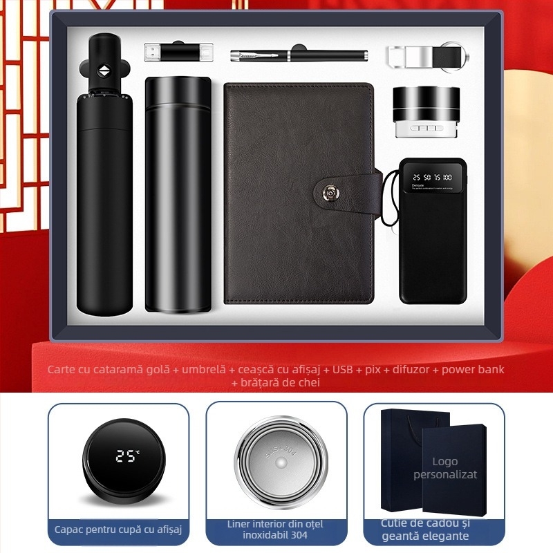 Set cadouri de afaceri cu termos, caiet, logo personalizat și cutie cadou pentru birou