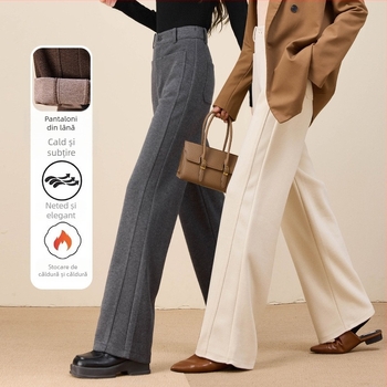 Pantaloni femei talie înaltă, croială largă, cu fermoar, din amestec lână de oaie și poliester, elasticitate înaltă (talie înaltă; croială largă; fermoar; lână de oaie + poliester; elasticitate înaltă)