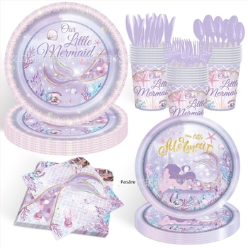 Set de veselă pentru sirene, temă oceanică – de unică folosință: farfurii, pahare și șervețele (Material: Hârtie; Categorie: veselă de hârtie; Produs: accesorii pentru aranjarea spațiului)