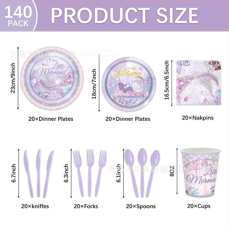 Set de veselă pentru sirene, temă oceanică – de unică folosință: farfurii, pahare și șervețele (Material: Hârtie; Categorie: veselă de hârtie; Produs: accesorii pentru aranjarea spațiului)