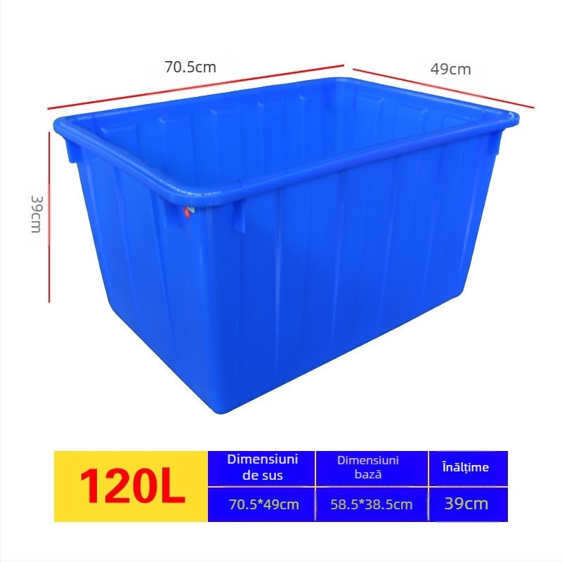 Rezervor de apă din plastic pentru acvacultură, PE, turnare prin injecție, rezistent, compatibil cu capac și cu opțiune de roți; dimensiuni interne 950×720×660 mm; grosime perete 4 mm; sarcină 50 kg; greutate netă 9,8 kg
