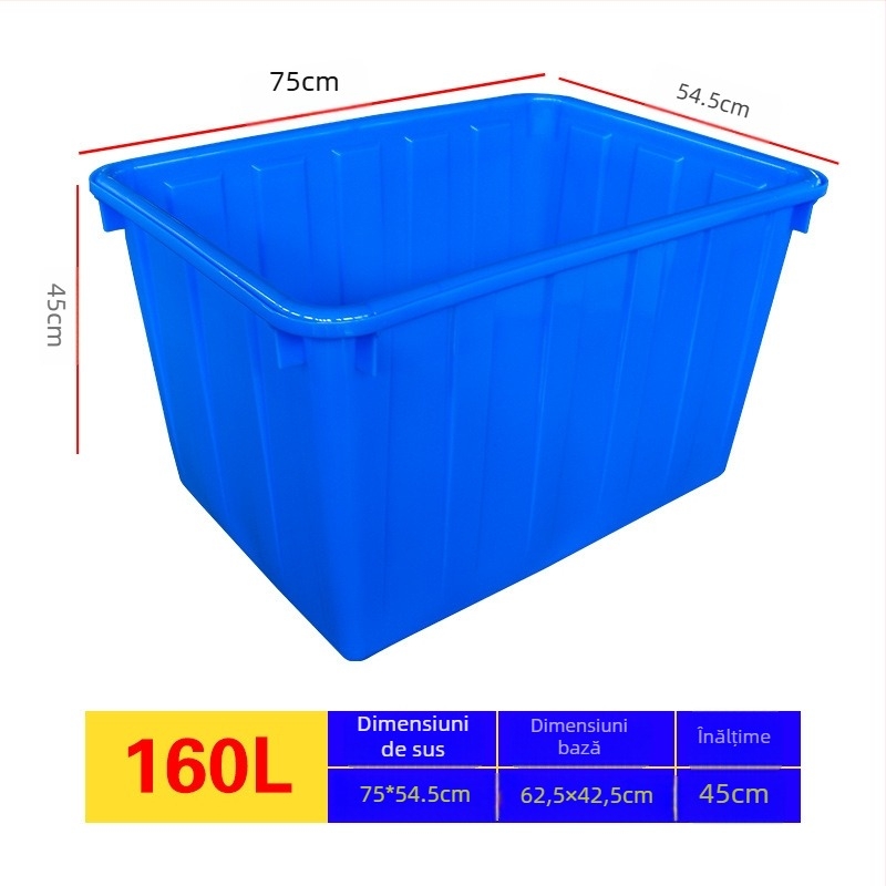Rezervor de apă din plastic pentru acvacultură, PE, turnare prin injecție, rezistent, compatibil cu capac și cu opțiune de roți; dimensiuni interne 950×720×660 mm; grosime perete 4 mm; sarcină 50 kg; greutate netă 9,8 kg