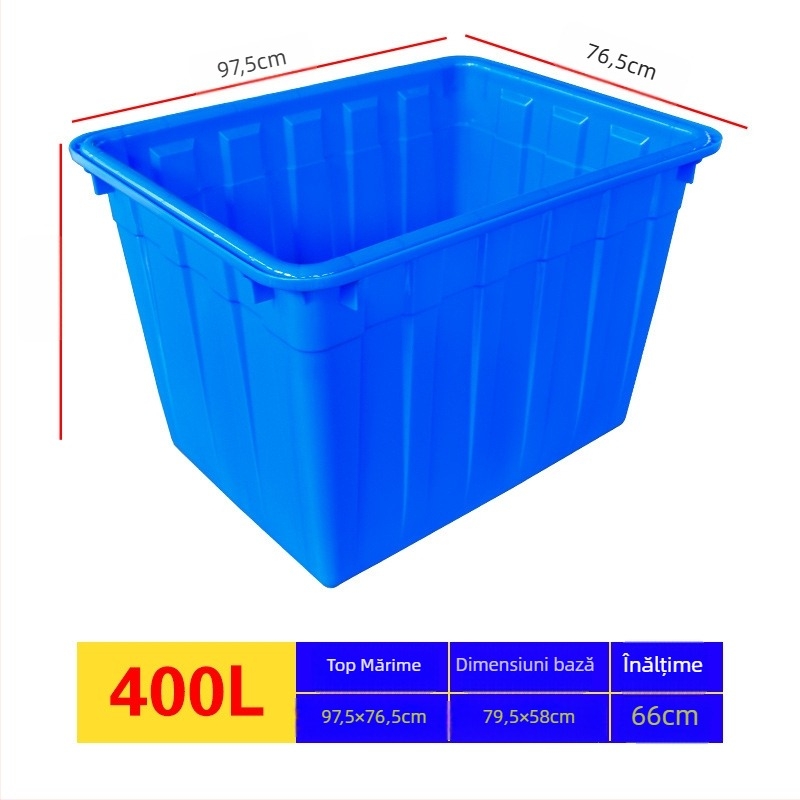 Rezervor de apă din plastic pentru acvacultură, PE, turnare prin injecție, rezistent, compatibil cu capac și cu opțiune de roți; dimensiuni interne 950×720×660 mm; grosime perete 4 mm; sarcină 50 kg; greutate netă 9,8 kg