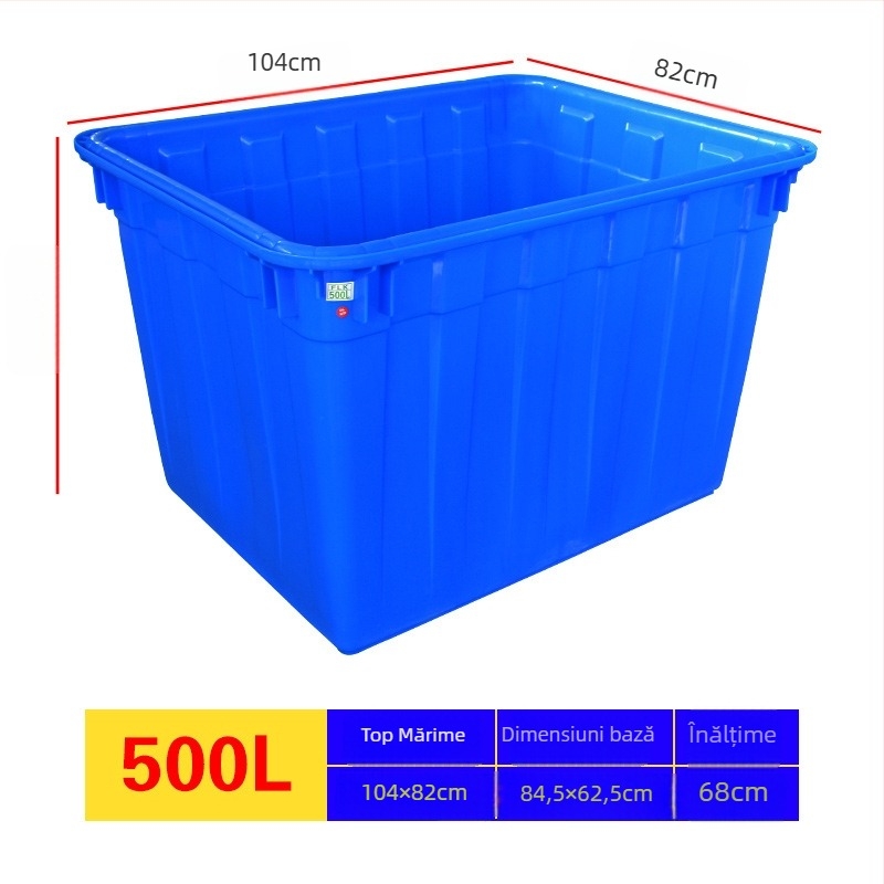 Rezervor de apă din plastic pentru acvacultură, PE, turnare prin injecție, rezistent, compatibil cu capac și cu opțiune de roți; dimensiuni interne 950×720×660 mm; grosime perete 4 mm; sarcină 50 kg; greutate netă 9,8 kg