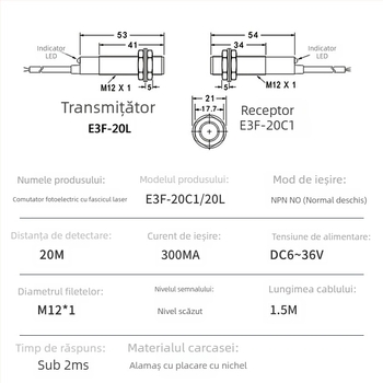 Senzor optoelectronic cu fascicul laser IR prin rază, 20 m distanță de detectare, alimentare 12 V, răspuns 1 μs, IP65