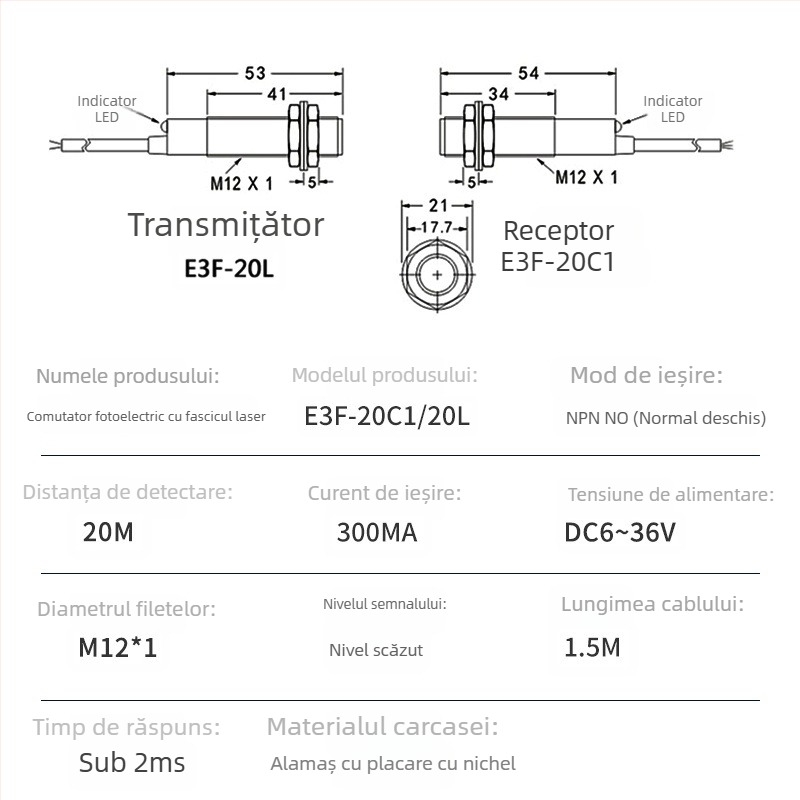 Senzor optoelectronic cu fascicul laser IR prin rază, 20 m distanță de detectare, alimentare 12 V, răspuns 1 μs, IP65