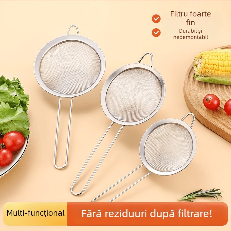 Sita din oțel inoxidabil pentru făină cu plasă, mâner, pentru îndepărtarea uleiului și a spumei, filtru de lapte de soia
