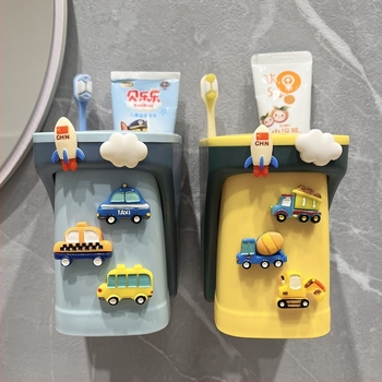 Cupa de clătire pentru copii, montaj magnetic pe perete, spațiu de depozitare pentru periuțe și pastă de dinți, din plastic
