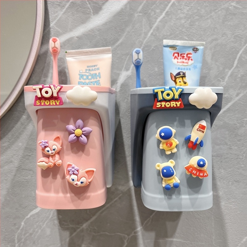 Cupa de clătire pentru copii, montaj magnetic pe perete, spațiu de depozitare pentru periuțe și pastă de dinți, din plastic