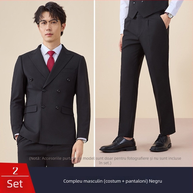 Costum bărbătesc cu nasturi dubli, croială slim, rever plat, deschidere centrală la spate, poliester 67,8%