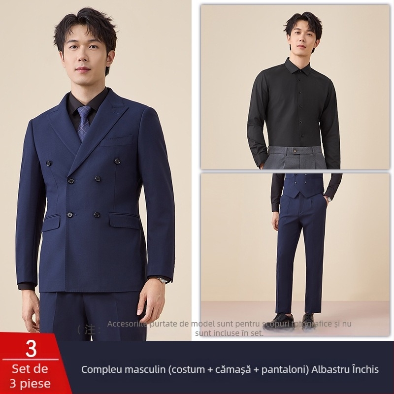 Costum bărbătesc cu nasturi dubli, croială slim, rever plat, deschidere centrală la spate, poliester 67,8%