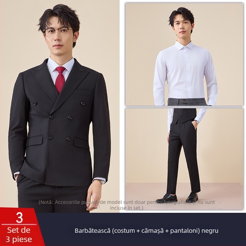 Costum bărbătesc cu nasturi dubli, croială slim, rever plat, deschidere centrală la spate, poliester 67,8%