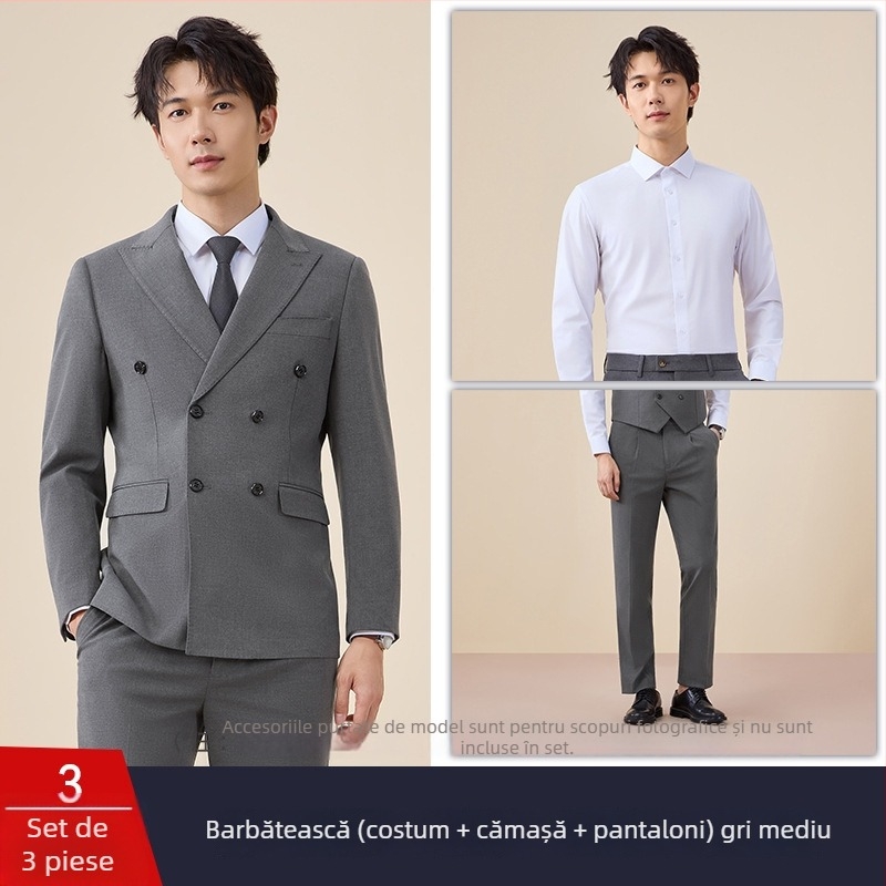 Costum bărbătesc cu nasturi dubli, croială slim, rever plat, deschidere centrală la spate, poliester 67,8%