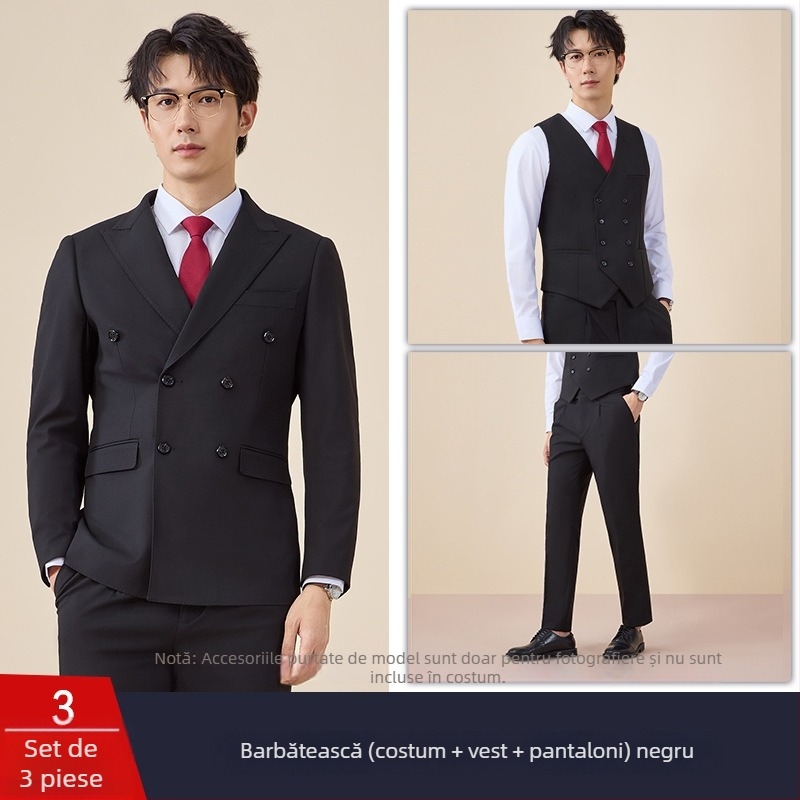 Costum bărbătesc cu nasturi dubli, croială slim, rever plat, deschidere centrală la spate, poliester 67,8%