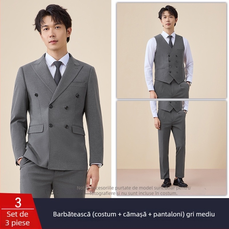 Costum bărbătesc cu nasturi dubli, croială slim, rever plat, deschidere centrală la spate, poliester 67,8%
