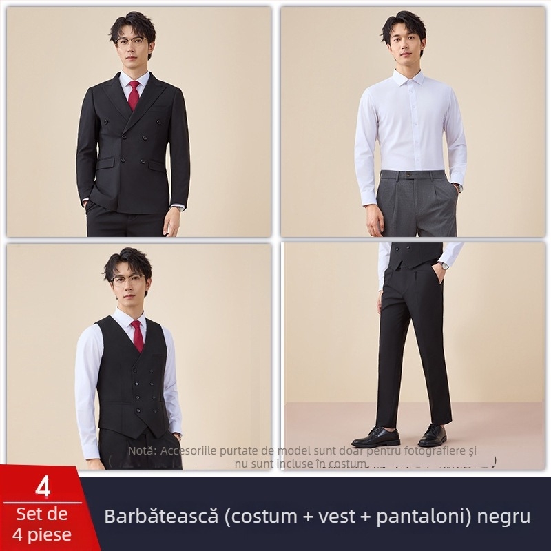 Costum bărbătesc cu nasturi dubli, croială slim, rever plat, deschidere centrală la spate, poliester 67,8%