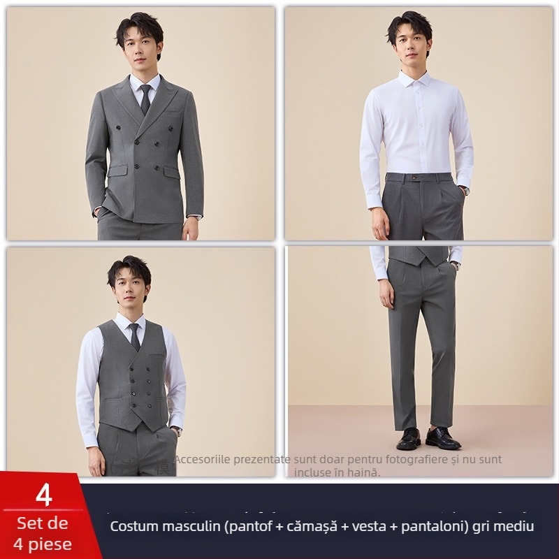 Costum bărbătesc cu nasturi dubli, croială slim, rever plat, deschidere centrală la spate, poliester 67,8%