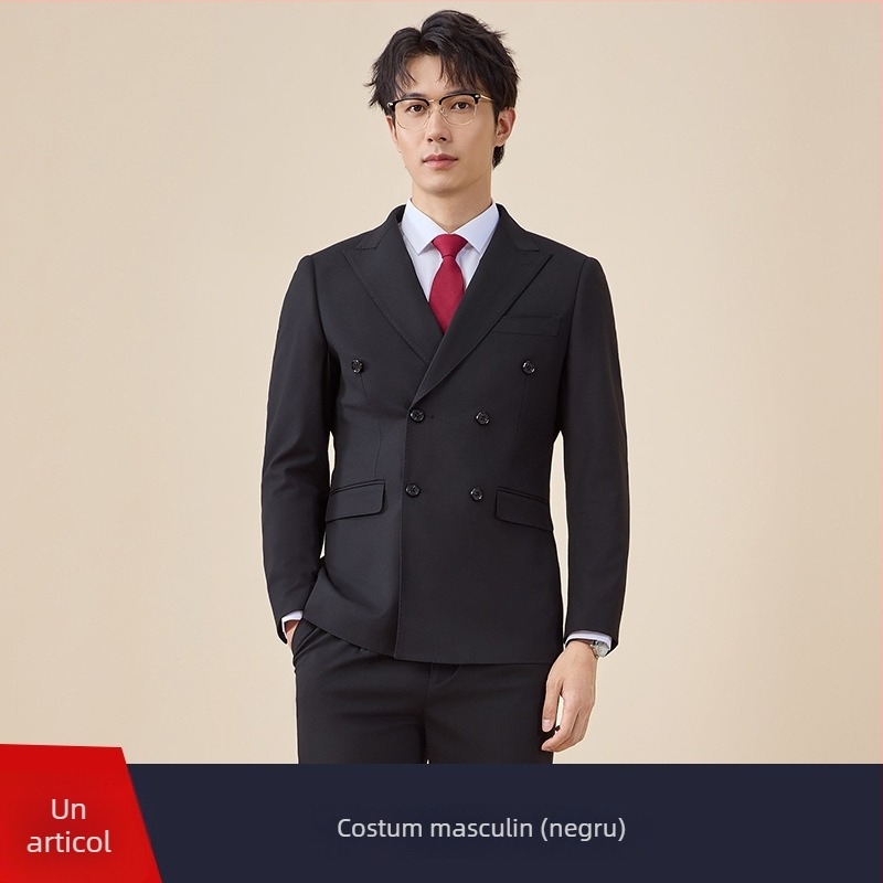 Costum bărbătesc cu nasturi dubli, croială slim, rever plat, deschidere centrală la spate, poliester 67,8%