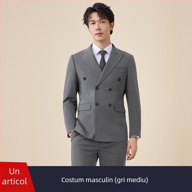 Costum bărbătesc cu nasturi dubli, croială slim, rever plat, deschidere centrală la spate, poliester 67,8%