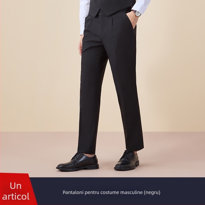 Costum bărbătesc cu nasturi dubli, croială slim, rever plat, deschidere centrală la spate, poliester 67,8%