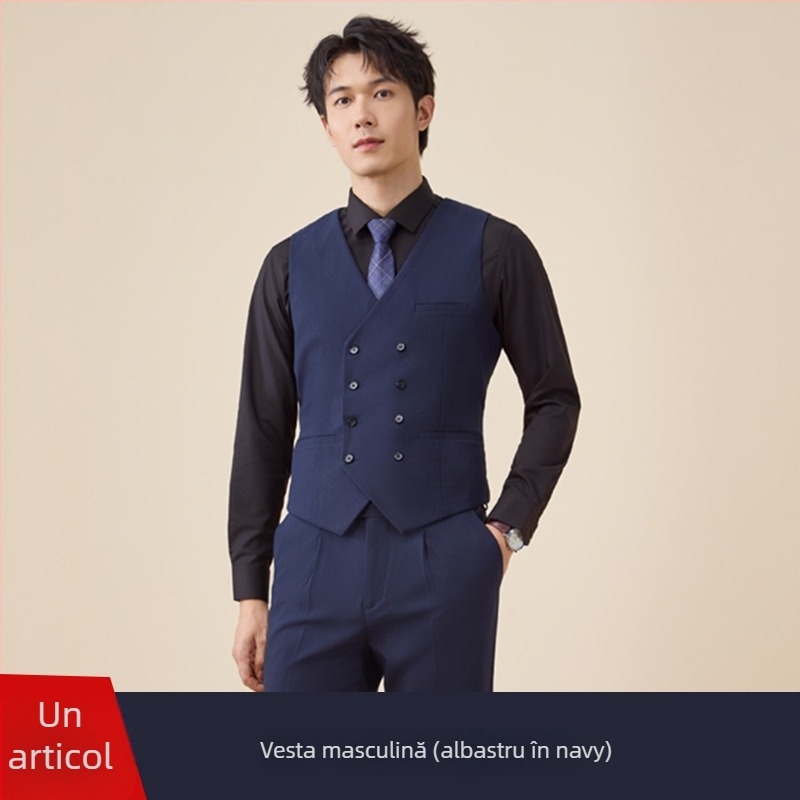 Costum bărbătesc cu nasturi dubli, croială slim, rever plat, deschidere centrală la spate, poliester 67,8%