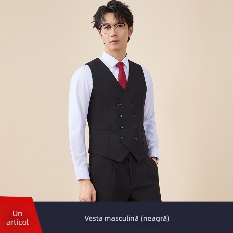 Costum bărbătesc cu nasturi dubli, croială slim, rever plat, deschidere centrală la spate, poliester 67,8%