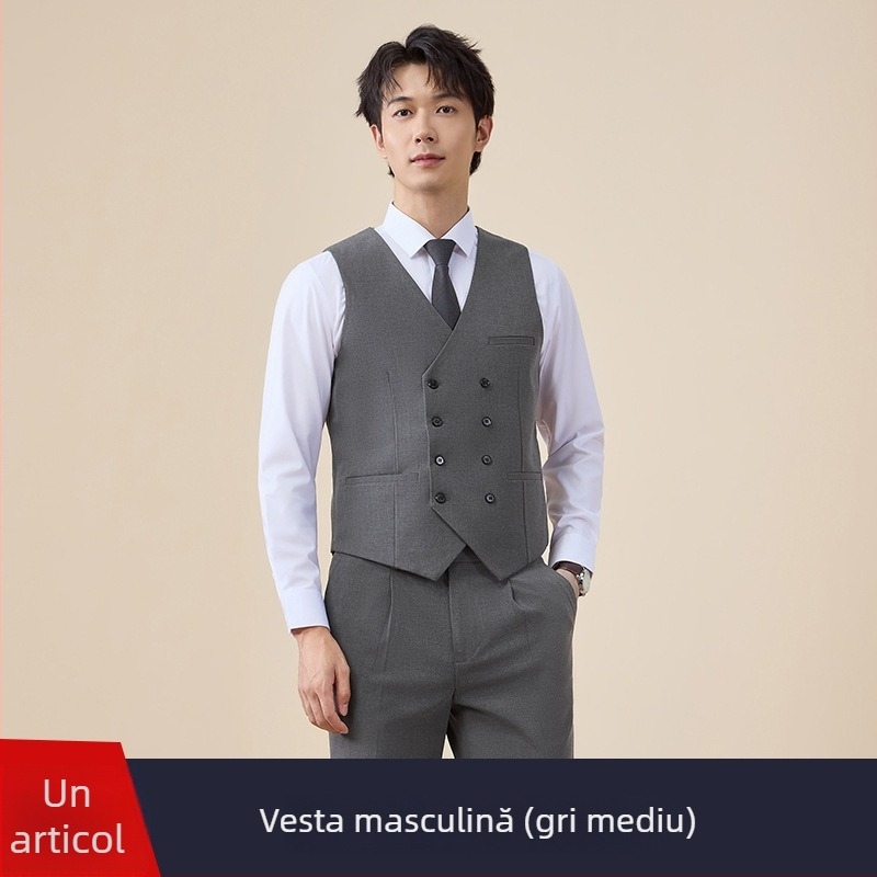 Costum bărbătesc cu nasturi dubli, croială slim, rever plat, deschidere centrală la spate, poliester 67,8%