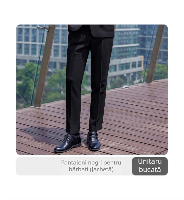 Set costum din două piese pentru afaceri, formal, Slim Fit, rever plat, cu două nasturi, amestec polyester-viscose, deschidere centrală în spate