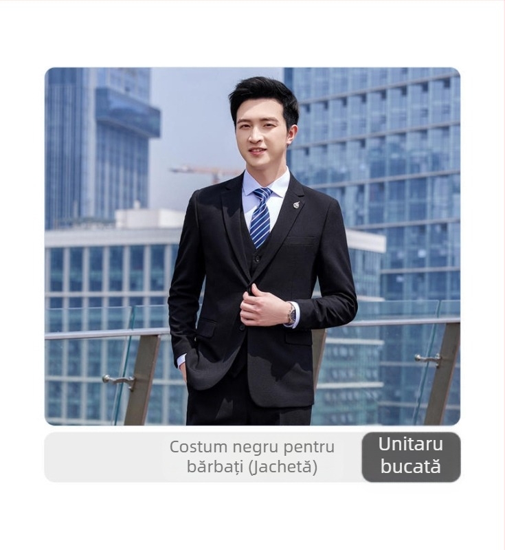 Set costum din două piese pentru afaceri, formal, Slim Fit, rever plat, cu două nasturi, amestec polyester-viscose, deschidere centrală în spate