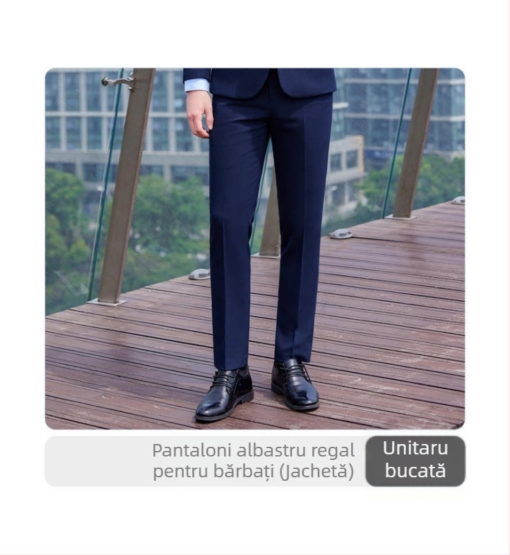 Set costum din două piese pentru afaceri, formal, Slim Fit, rever plat, cu două nasturi, amestec polyester-viscose, deschidere centrală în spate