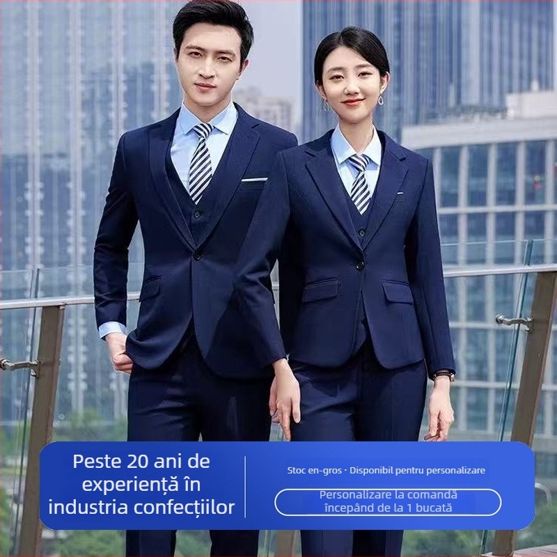 Set costum din două piese pentru afaceri, formal, Slim Fit, rever plat, cu două nasturi, amestec polyester-viscose, deschidere centrală în spate