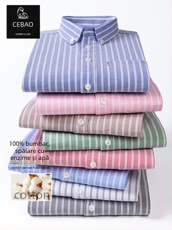 Cămașă din bumbac 100% Oxford, în dungi, mânecă lungă, guler cu nasturi, respirabilă