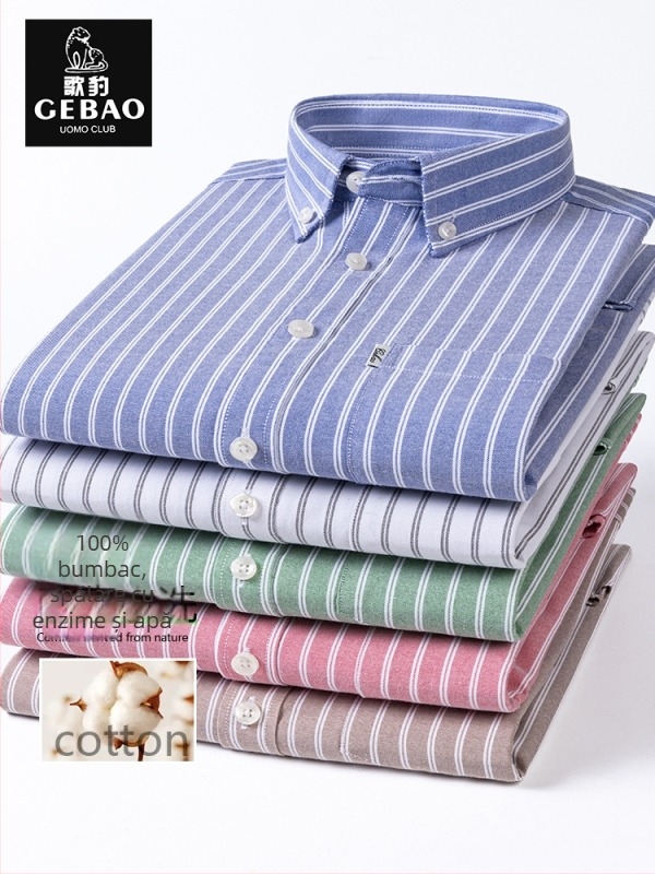 Cămașă din bumbac 100% Oxford, în dungi, mânecă lungă, guler cu nasturi, respirabilă